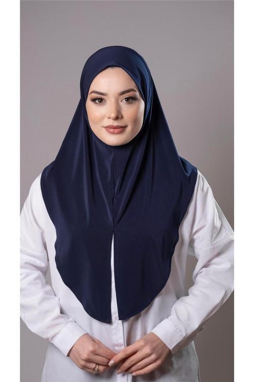 Lacivert Pratik Hazır Geçmeli Tesettür Eşarp Sandy Kumaş Yırtmaçlı Düz Hijab 2310_02