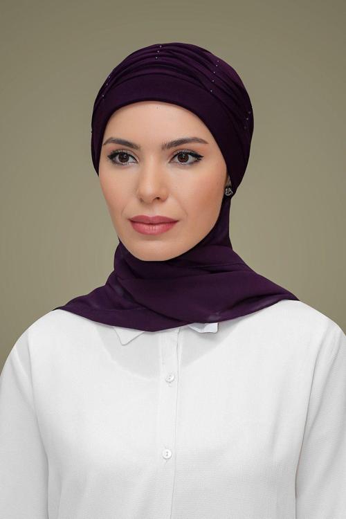 Mürdüm Pratik Hazır Geçmeli Tesettür Bone Sandy Kumaş Incili Nervürlü Güllü Atkılı 1805A_07