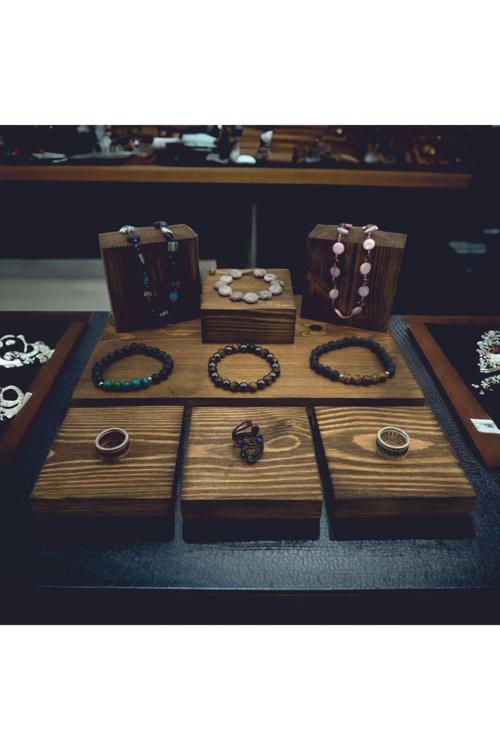 Ahşap Blok Takı Sergileme Stand,  Yüzük, Bilezik, Küpe, Kolye Sergileme Blokları 7 Adet Set