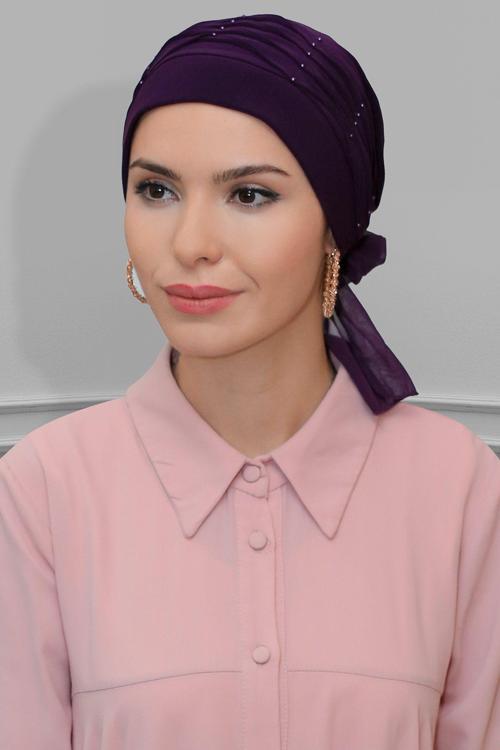 Mürdüm Pratik Hazır Geçmeli Tesettür Bone Sandy Kumaş Incili Pileli Nervürlü Güllü 1805_07