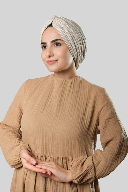 Bej Çapraz Büzgülü Piliseli Tesettür Bone Fukuro Kendinden Desenli 2316_12