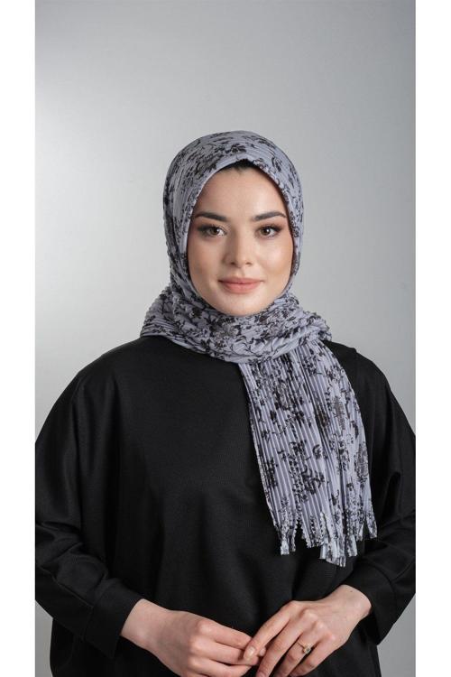 Gri Pratik Hazır Geçmeli Tesettür Eşarp Kesik Elyaf Piliseli Çiçek Desenli 1818D6_15