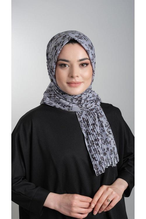 Gri Pratik Hazır Geçmeli Tesettür Eşarp Kesik Elyaf Piliseli Çiçek Desenli 1818D7_15