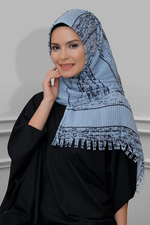 Gri Pratik Hazır Geçmeli Tesettür Eşarp Kesik Elyaf Piliseli Çizgili Desenli 1818D2_15