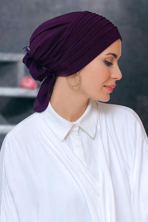 Mürdüm Pratik Hazır Geçmeli Tesettür Bone Sandy Kumaş Pileli Nervürlü Güllü 1806_07