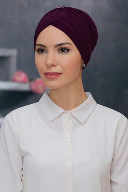 Mürdüm Pratik Hazır Geçmeli Tesettür Bone Sandy Kumaş Taçlı Büzgülü 1208_07