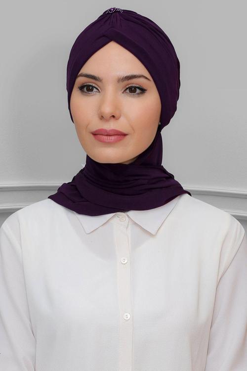 Mürdüm Pratik Hazır Geçmeli Tesettür Bone Sandy Kumaş Taçlı Büzgülü Şifon Atkılı 1208A_07