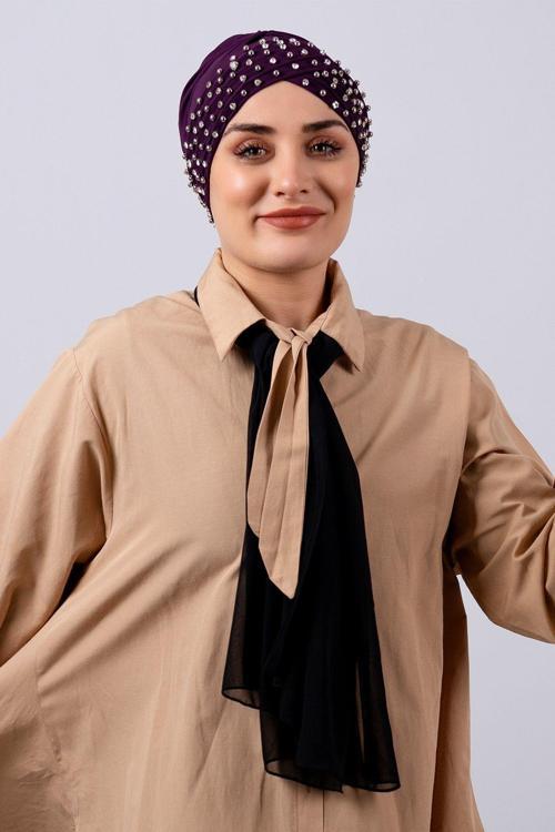 Mürdüm Pratik Hazır Geçmeli Tesettür Bone Sandy Kumaş Taşlı 1456_07