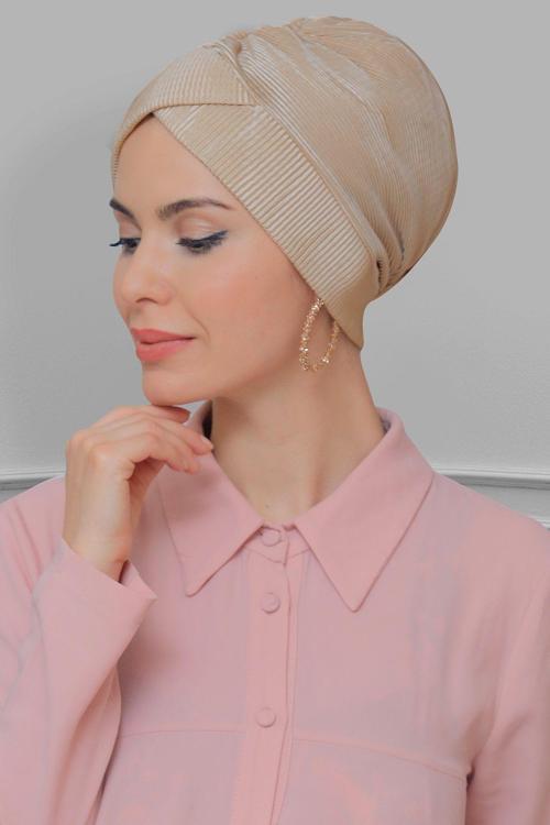 Bej Pratik Hazır Geçmeli Tesettür Bone Fukuro Piliseli Çapraz Büzgülü 1822_12