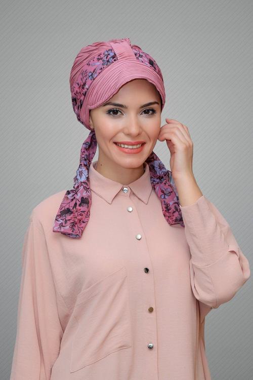 Gül Kurusu Şapkalı Tesettür Bone Kesik Elyaf Desenli Şifon Kemerli 1902_18