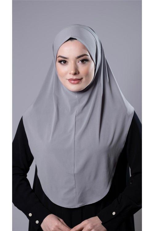 Gri Pratik Hazır Geçmeli Tesettür Eşarp Sandy Kumaş Düz Hijab 2308_15