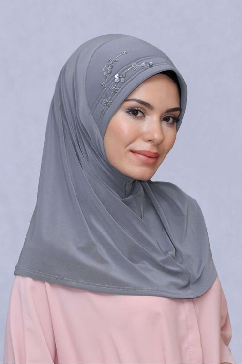 Gri Pratik Hazır Geçmeli Tesettür Eşarp Sandy Kumaş Elişi Çiçek Işlemeli Pullu 1604_15