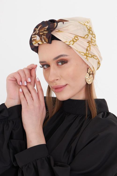 Bej Pratik Hazır Geçmeli Tesettür Bone Kesik Elyaf Retro Desenli 2409_12
