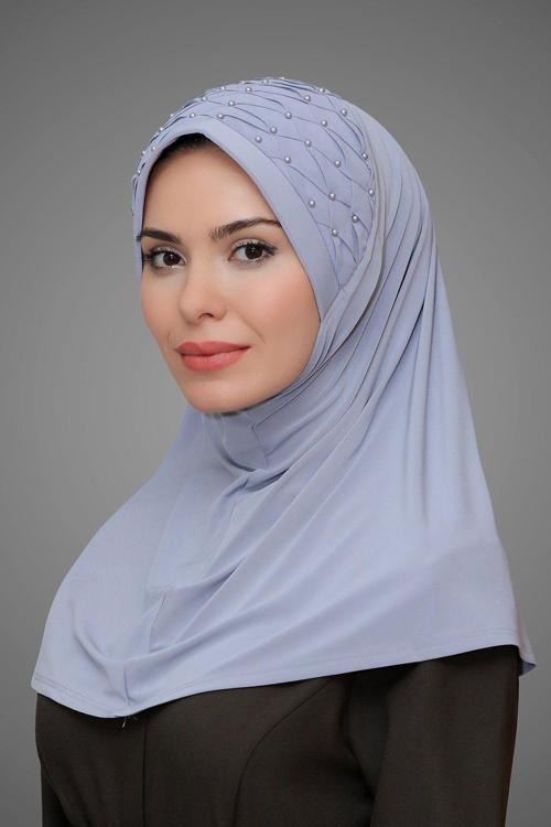 Gri Pratik Hazır Geçmeli Tesettür Eşarp Sandy Kumaş Işlemeli Incili Taşlı 1605_15