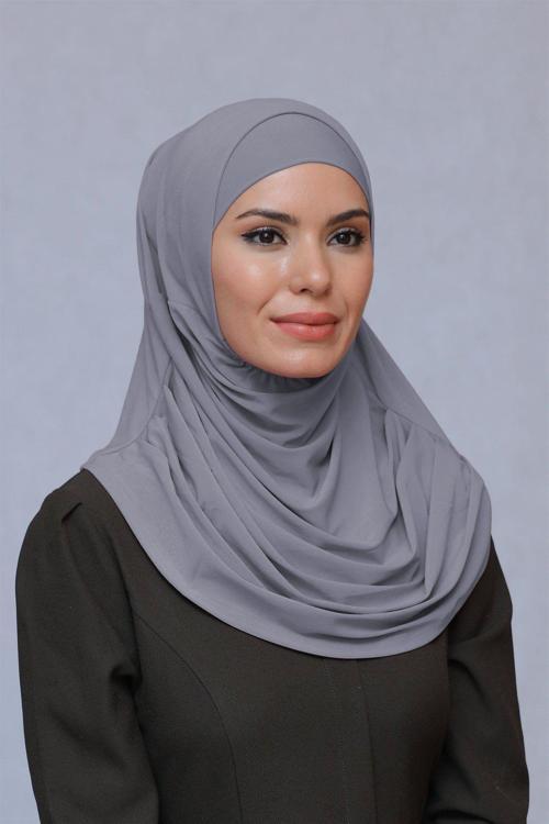 Gri Pratik Hazır Geçmeli Tesettür Eşarp Sandy Kumaş Kendinden Boneli 1290_15