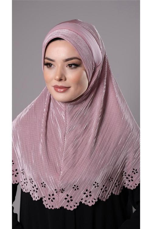 Violet Pratik Hazır Geçmeli Tesettür Eşarp Fukuro Kumaş Piliseli Çiçek Desenli Lazer Kesim 1829_21