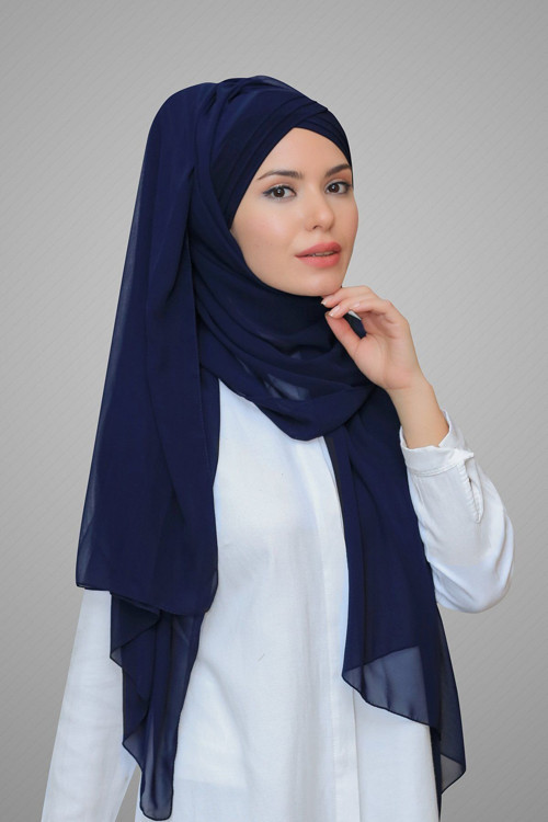 Lacivert Pratik Hazır Geçmeli Bone Şal Şifon Kendinden Boneli Üç Bantlı 1451_02