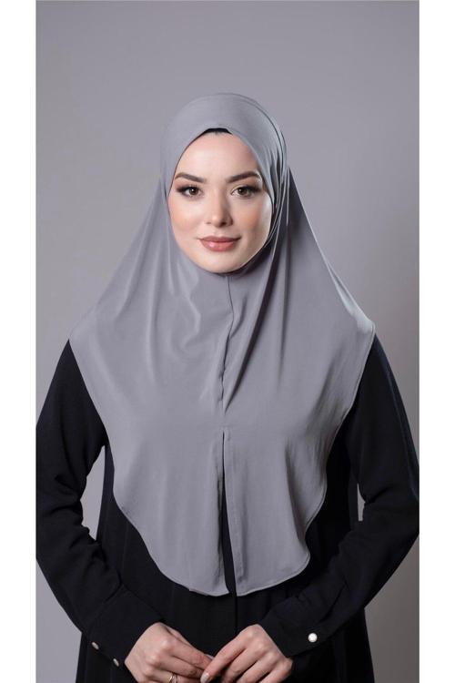 Gri Pratik Hazır Geçmeli Tesettür Eşarp Sandy Kumaş Yırtmaçlı Düz Hijab 2310_15