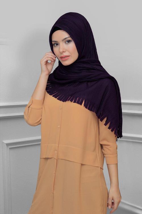Mürdüm Arkadan Bağlamalı Tesettür Eşarp Kesik Elyaf Piliseli Saçaklı Lazer Kesim 1918_07