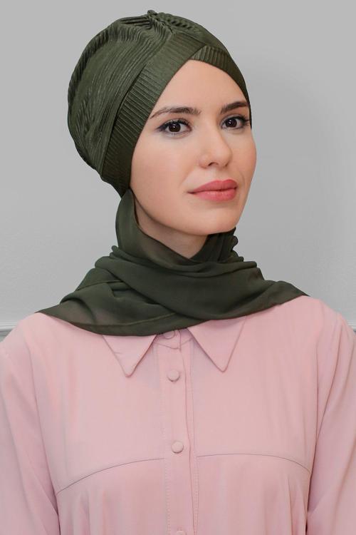 Haki Pratik Hazır Geçmeli Tesettür Bone Fukuro Piliseli Tek Çapraz Büzgülü Şifon Atkılı 1824A_09