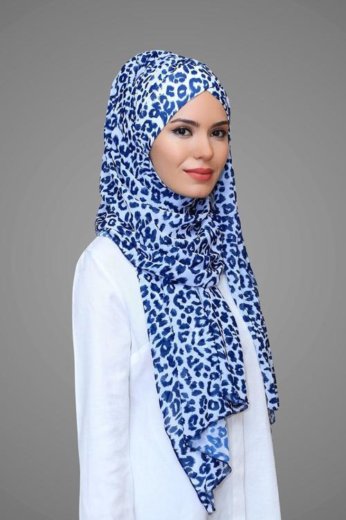 Lacivert-Leopar Pratik Hazır Geçmeli Bone Şal Şifon Kendinden Boneli Desenli 1454_02