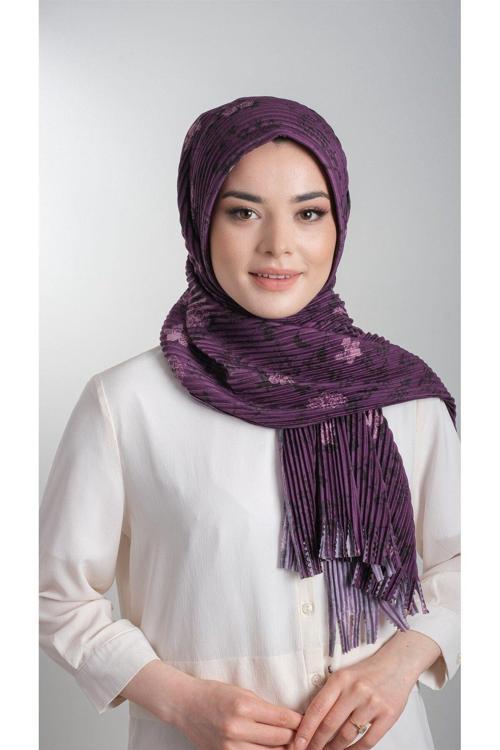 Mürdüm Pratik Hazır Geçmeli Tesettür Eşarp Kesik Elyaf Piliseli Çiçek Desenli 1818D6_07