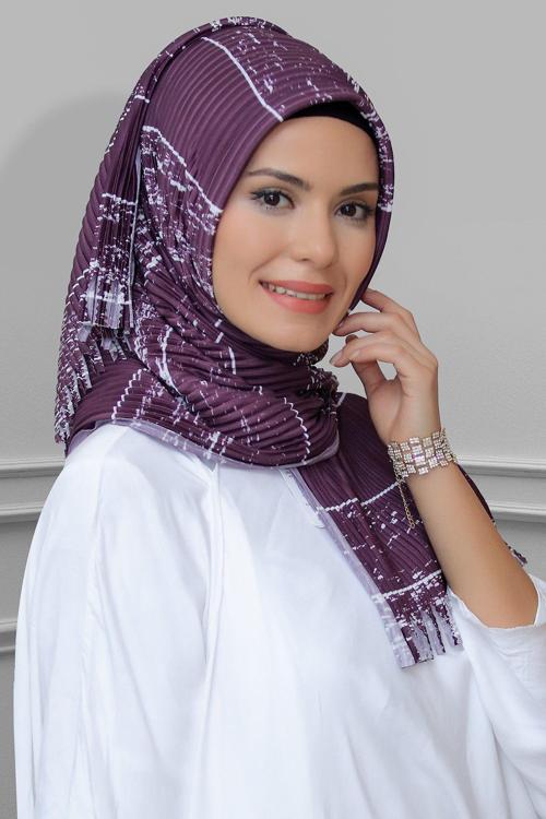 Mürdüm Pratik Hazır Geçmeli Tesettür Eşarp Kesik Elyaf Piliseli Çizgili Desenli 1818D2_07