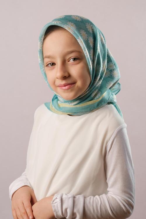 Gold Dijital Baskılı Çocuk Tesettür Eşarp Pamuk Polyester Papatya Desenli 6003_03