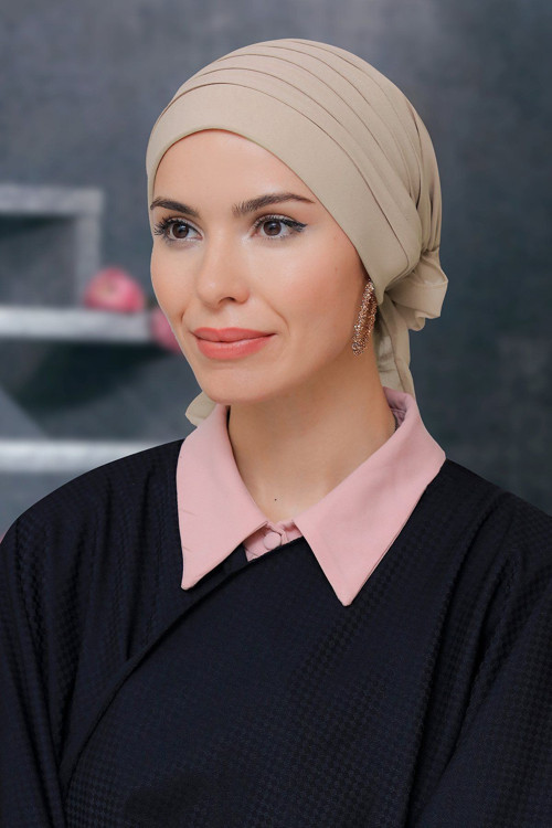 Bej Pratik Hazır Geçmeli Tesettür Bone Sandy Kumaş Pileli Nervürlü Güllü 1806_12