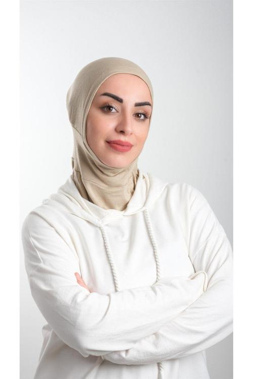 Bej Pratik Hazır Geçmeli Tesettür Bone Sandy Kumaş Spor Hijab 2113_12