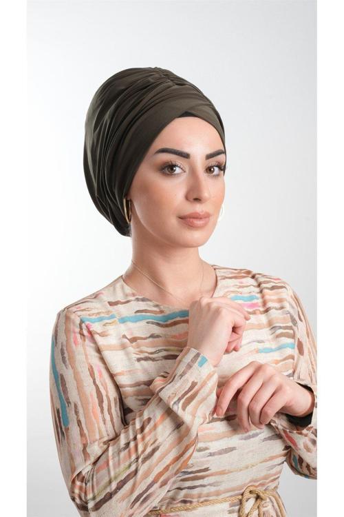 Haki Pratik Hazır Geçmeli Tesettür Bone Sandy Kumaş Büzgülü 2114_09