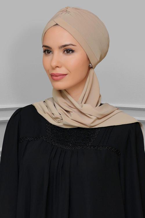 Bej Pratik Hazır Geçmeli Tesettür Bone Sandy Kumaş Taçlı Büzgülü Şifon Atkılı 1208A_12