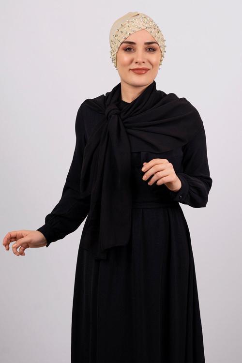 Bej Pratik Hazır Geçmeli Tesettür Bone Sandy Kumaş Taşlı 1456_12