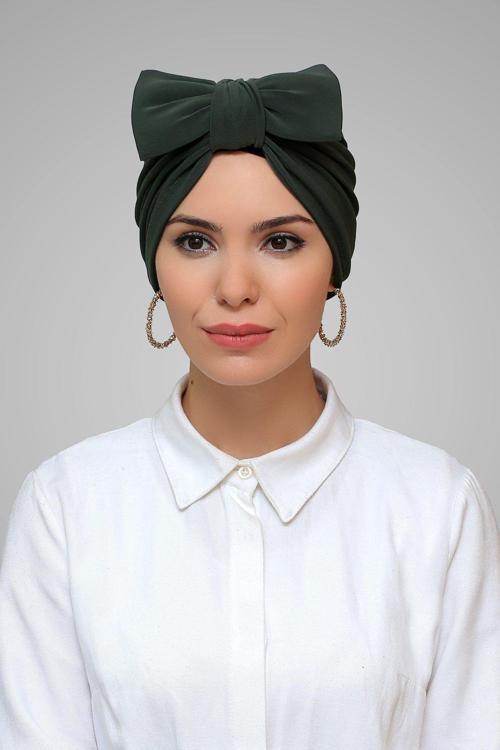 Haki Pratik Hazır Geçmeli Tesettür Bone Sandy Kumaş Fiyonklu Büzgülü 7006_09