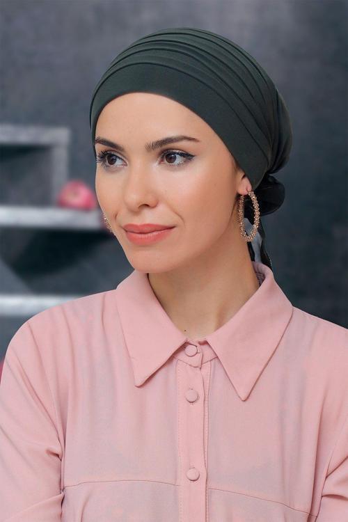 Haki Pratik Hazır Geçmeli Tesettür Bone Sandy Kumaş Pileli Nervürlü Güllü 1806_09