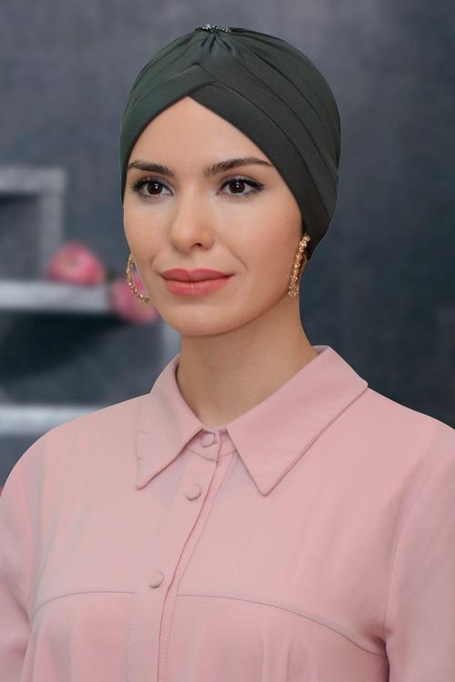 Haki Pratik Hazır Geçmeli Tesettür Bone Sandy Kumaş Taçlı Büzgülü 1208_09