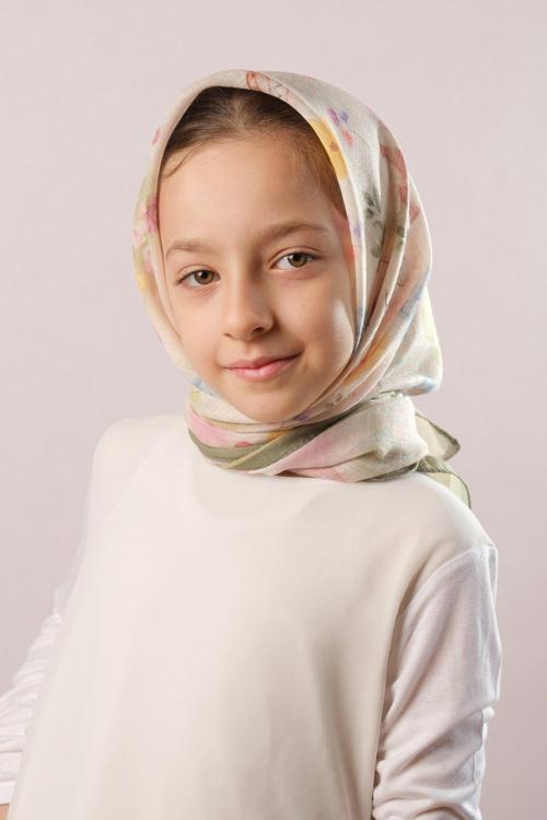 Haki Dijital Baskılı Çocuk Tesettür Eşarp Pamuk Polyester Çiçek Desenli 6002_09