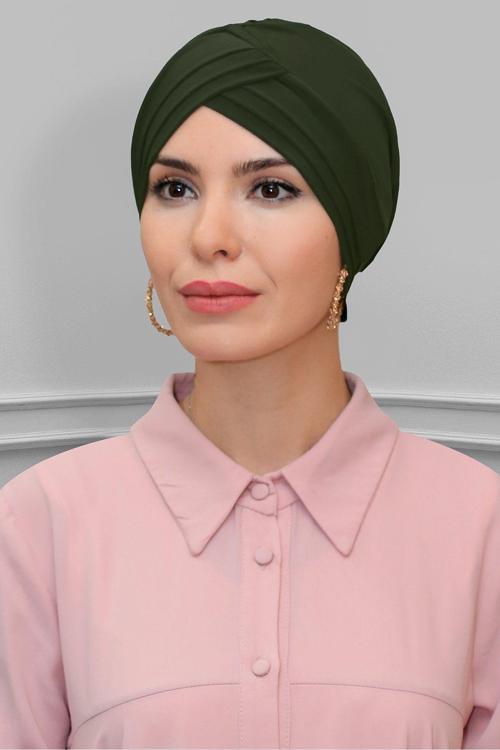 Haki Pratik Hazır Geçmeli Tesettür Bone Sandy Kumaş Üç Çapraz 1803_09