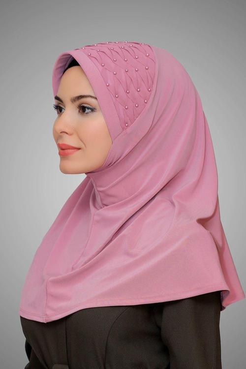 Gül Kurusu Pratik Hazır Geçmeli Tesettür Eşarp Sandy Kumaş Işlemeli Incili Taşlı 1605_18