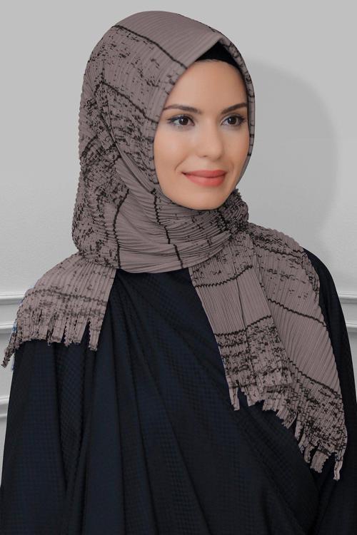 Vizon Pratik Hazır Geçmeli Tesettür Eşarp Kesik Elyaf Piliseli Çizgili Desenli 1818D2_10