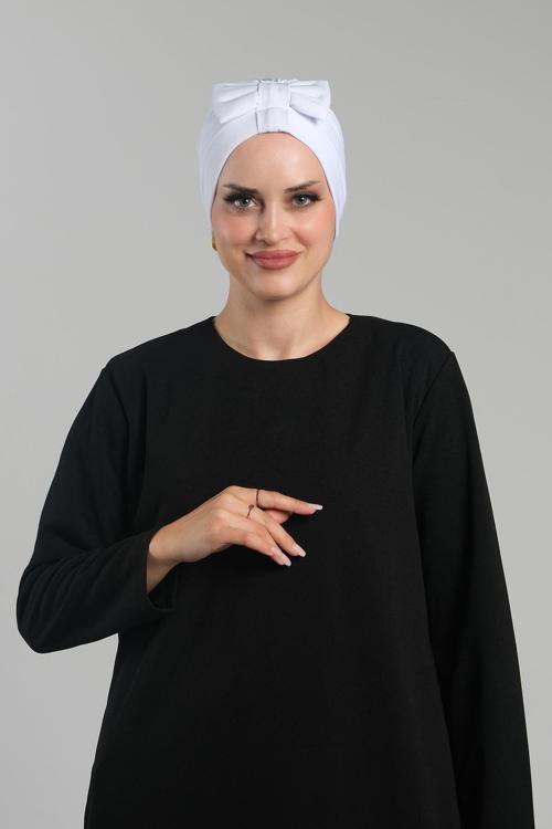 Beyaz Pratik Hazır Geçmeli Fiyonklu Bone Sandy Çift Taraflı Çapraz 3007B_42