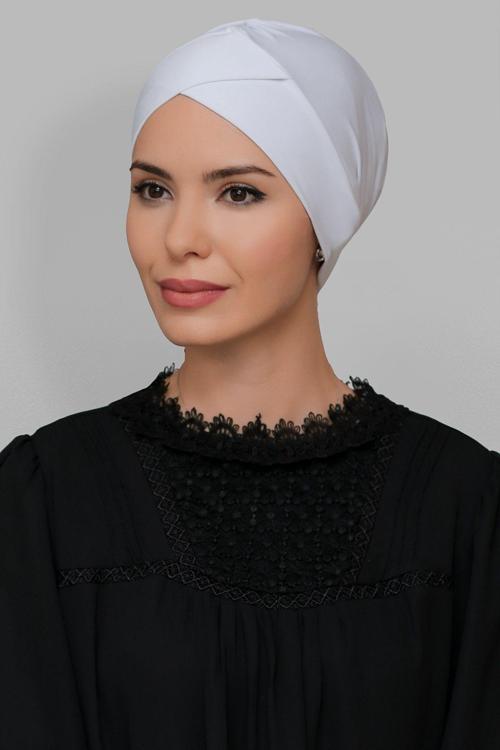 Beyaz Pratik Hazır Geçmeli Tesettür Bone Sandy Kumaş Çapraz Büzgülü 1801_42