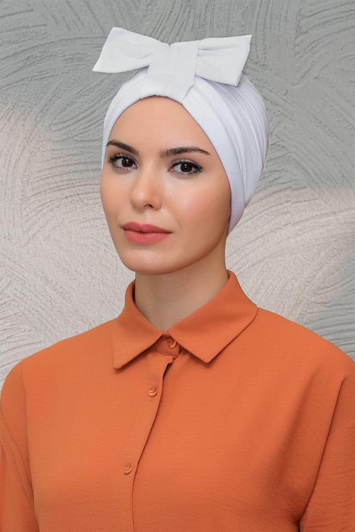 Beyaz Pratik Hazır Geçmeli Tesettür Bone Sandy Kumaş Fiyonklu Büzgülü 7010_42