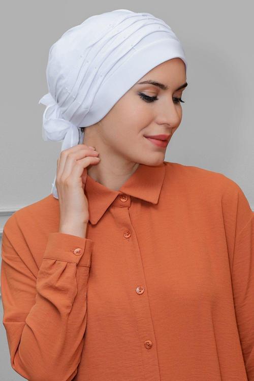Beyaz Pratik Hazır Geçmeli Tesettür Bone Sandy Kumaş Incili Pileli Nervürlü Güllü 1805_42
