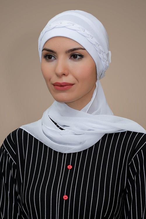 Beyaz Pratik Hazır Geçmeli Tesettür Bone Sandy Kumaş Örgülü Güllü Şifon Atkılı 1203A_42