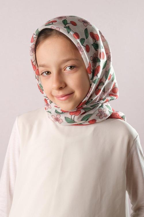 Kiremit Dijital Baskılı Çocuk Tesettür Eşarp Pamuk Polyester Vişne Desenli 6001_05