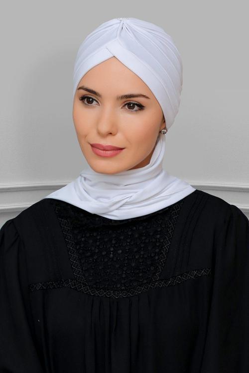 Beyaz Pratik Hazır Geçmeli Tesettür Bone Sandy Kumaş Taçlı Büzgülü Şifon Atkılı 1208A_42