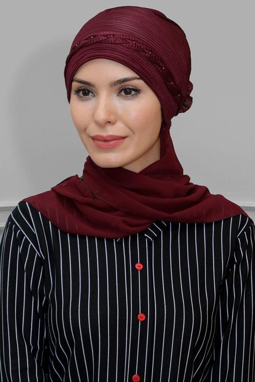 Bordo Pratik Hazır Geçmeli Tesettür Bone Fukuro Piliseli Örgülü Şifon Atkılı 1825A_16