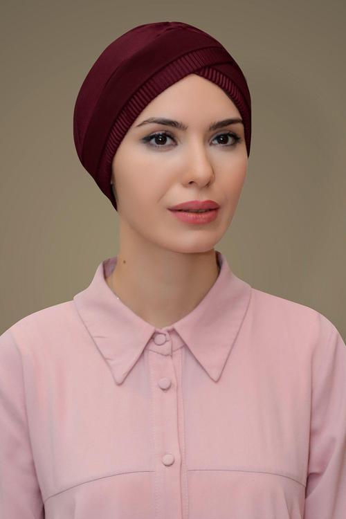 Bordo Pratik Hazır Geçmeli Tesettür Bone Fukuro Piliseli Tek Bantlı Çapraz Büzgülü 1821_16