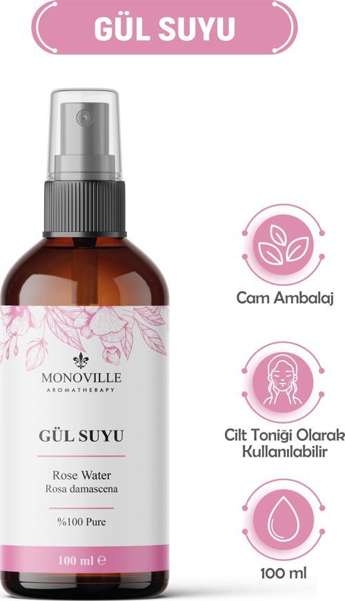 Gül Suyu Tonik Cam Şişe 100 ml %100 Saf ve Doğal Sprey Başlıklı (Rose Water)
